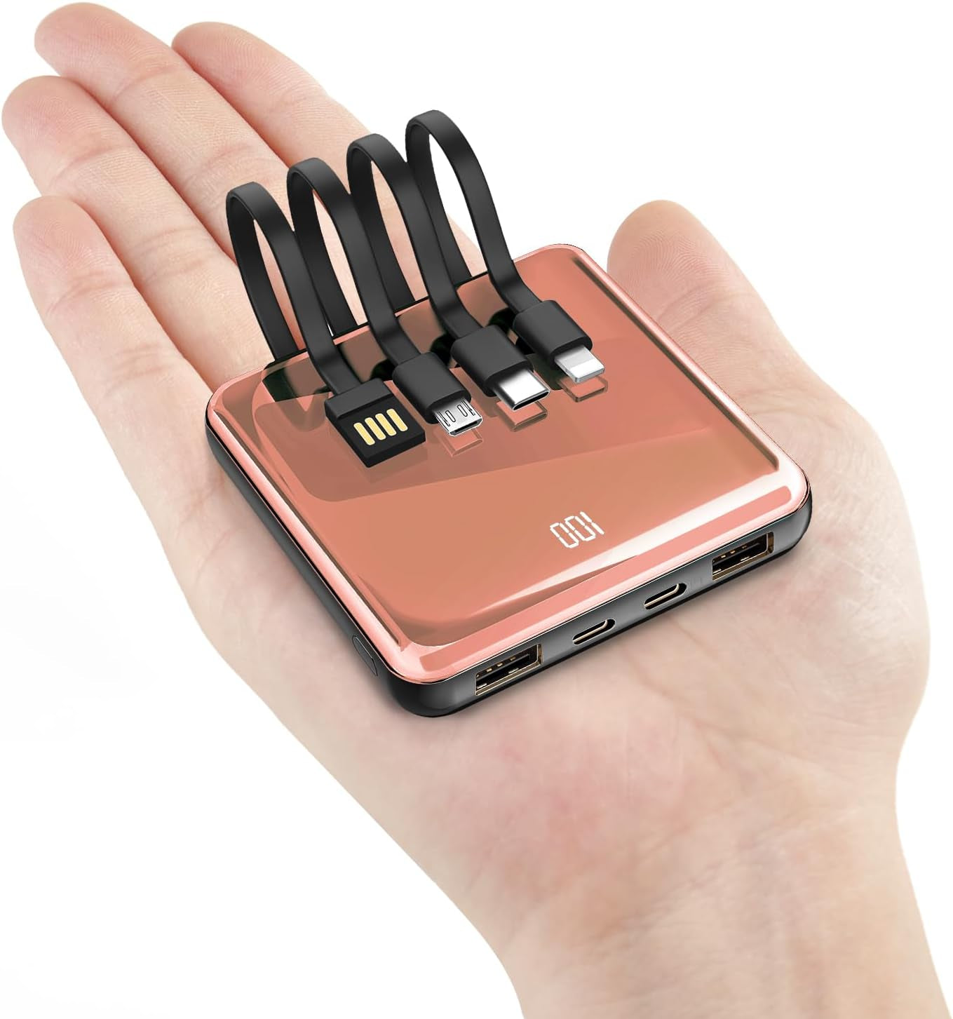 10000mAh Slim Portable Charger with Integrated Cables and LED Display - Versatile External Battery Pack with 4 Inputs and 5 Outputs
