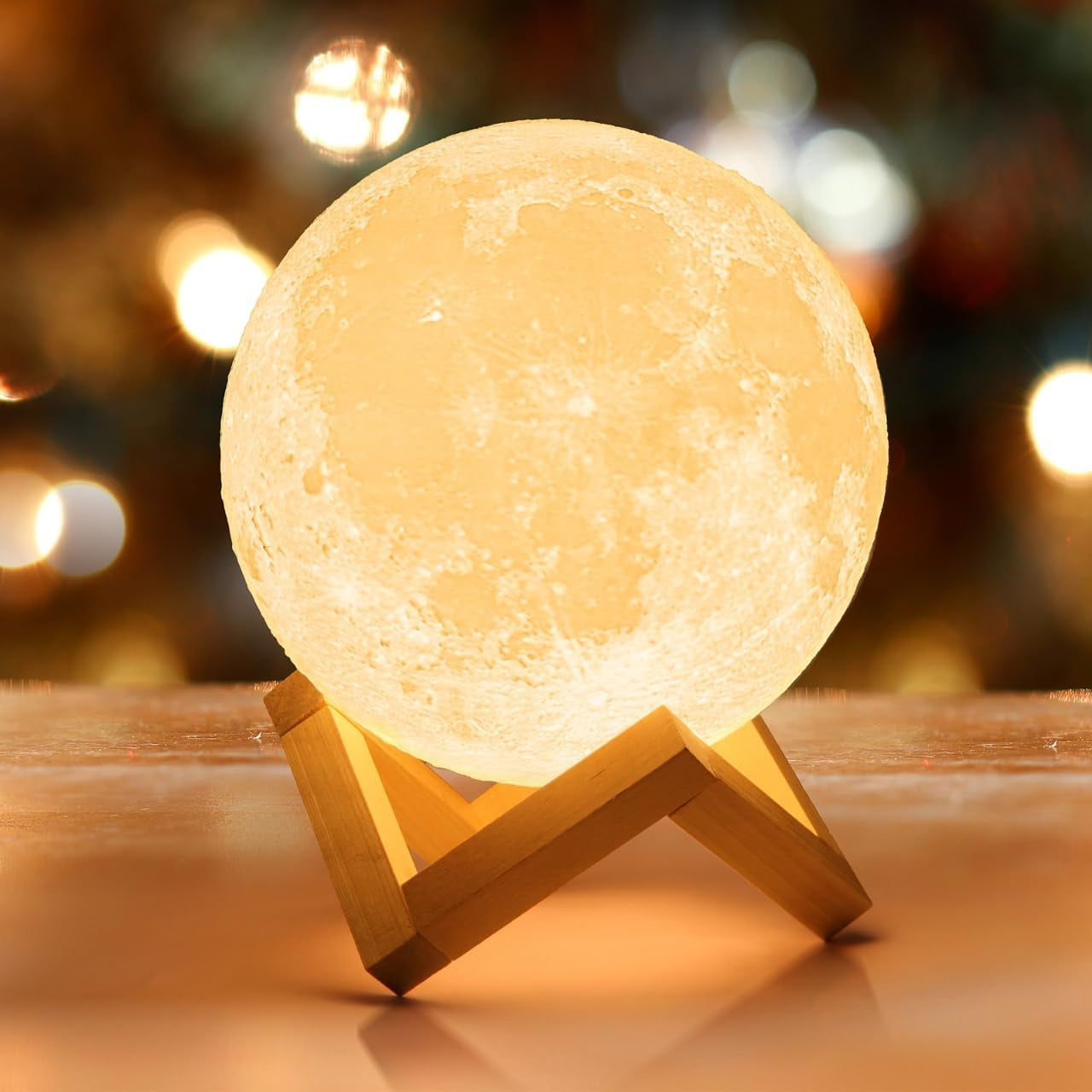 Moon Lamp-Home Décor, Mothers Day Gift with Brightness Control, Gift for Women, LED Night Light, Bedroom, Living Room, Kids Birthday Gift, Ceramic Hand Base, 3.5", White & Yellow