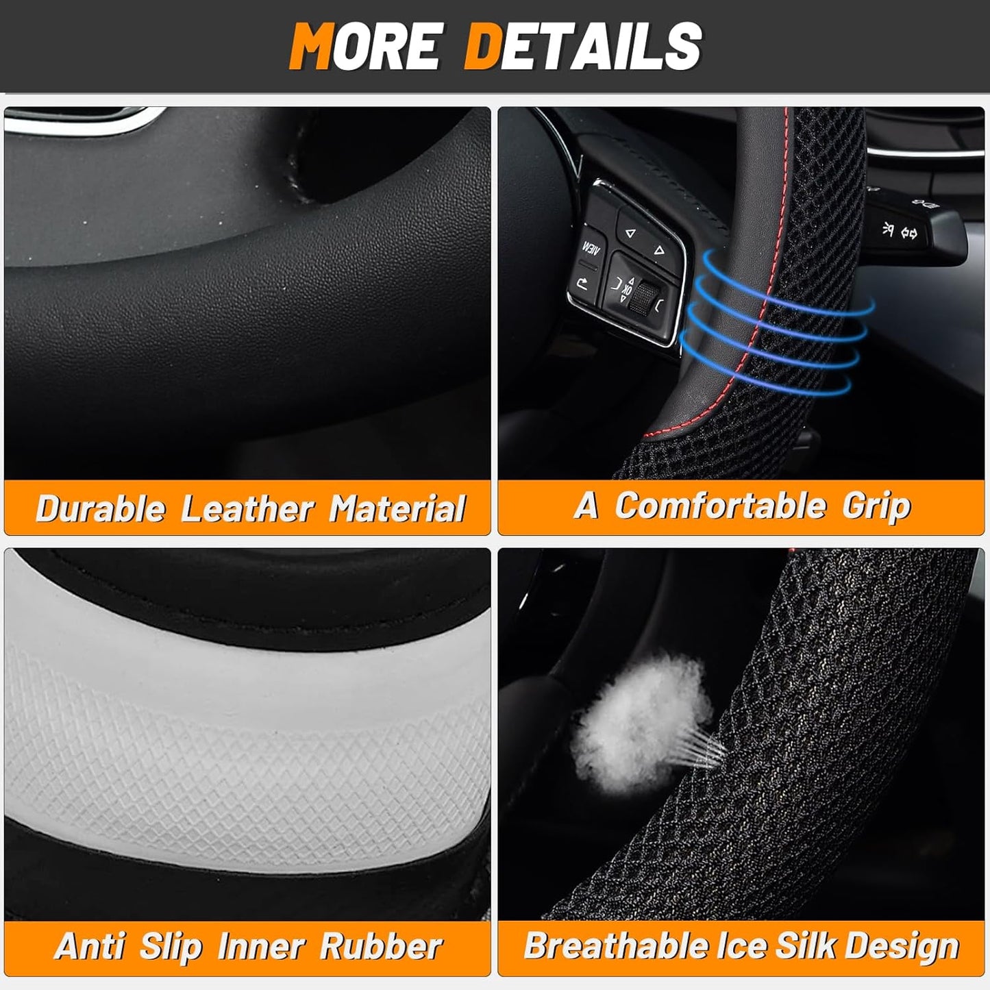 Universal 15-Inch Microfiber Leather Steering Wheel Cover - Breathable, Anti-Slip, Temperature Regulating (Black)