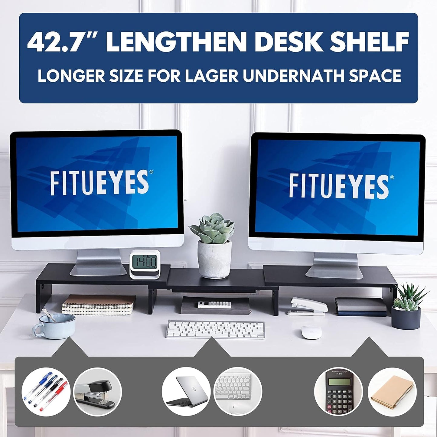 Dual Monitor Stand with Adjustable Length and Angle - 3-Shelf Wood Desktop Riser, Medium Black Office Accessory