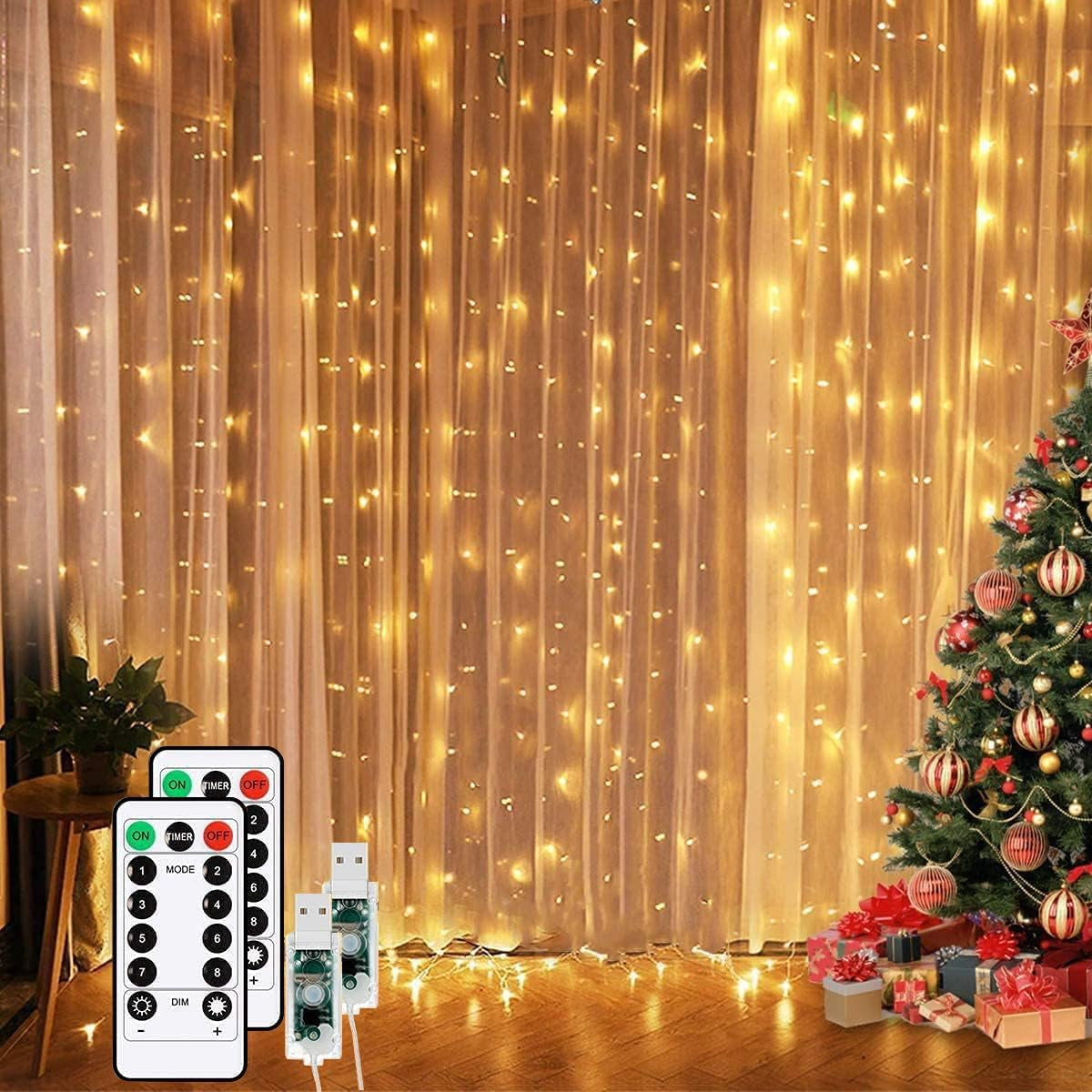 300 LED Warm White Curtain Fairy Lights with 8 Modes, USB Powered Icicle String Lights with Remote and Timer for Indoor and Outdoor Decoration (9.8 x 9.8 Ft)