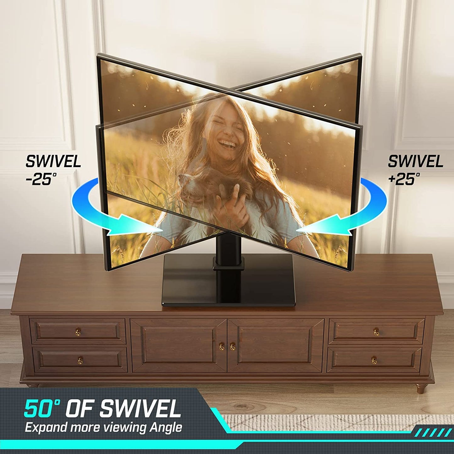 TV Stand with Power Outlet, 88 lbs Adjustable Mount for 27-60 Inch TVs, Swivel Table Top with Tempered Glass Base, , VESA 400x400mm, Black
