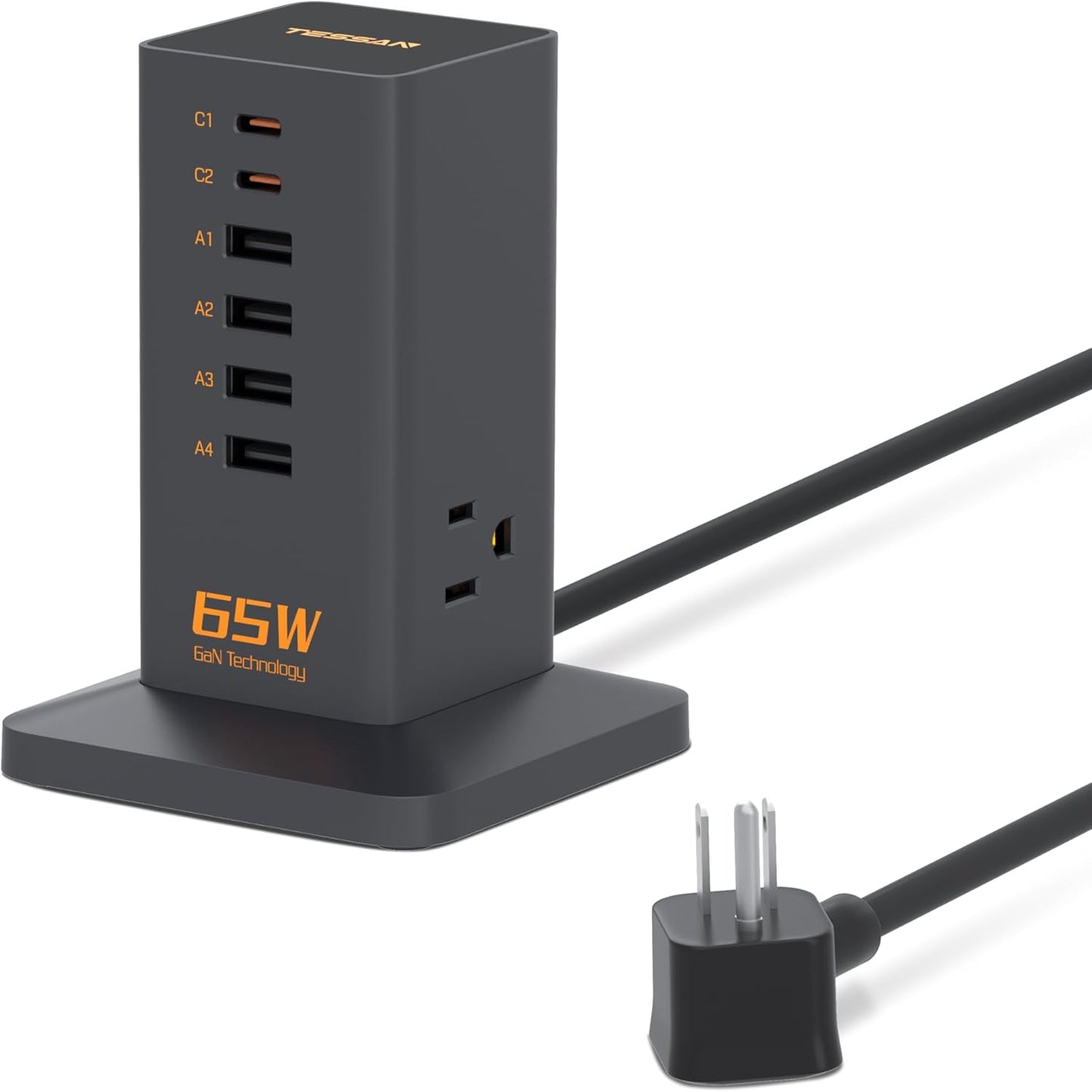 65W Multi-Device Charging Station: 6-Port GaN USB-C Charger with 3 Outlets for Phones, Tablets, and Travel Accessories