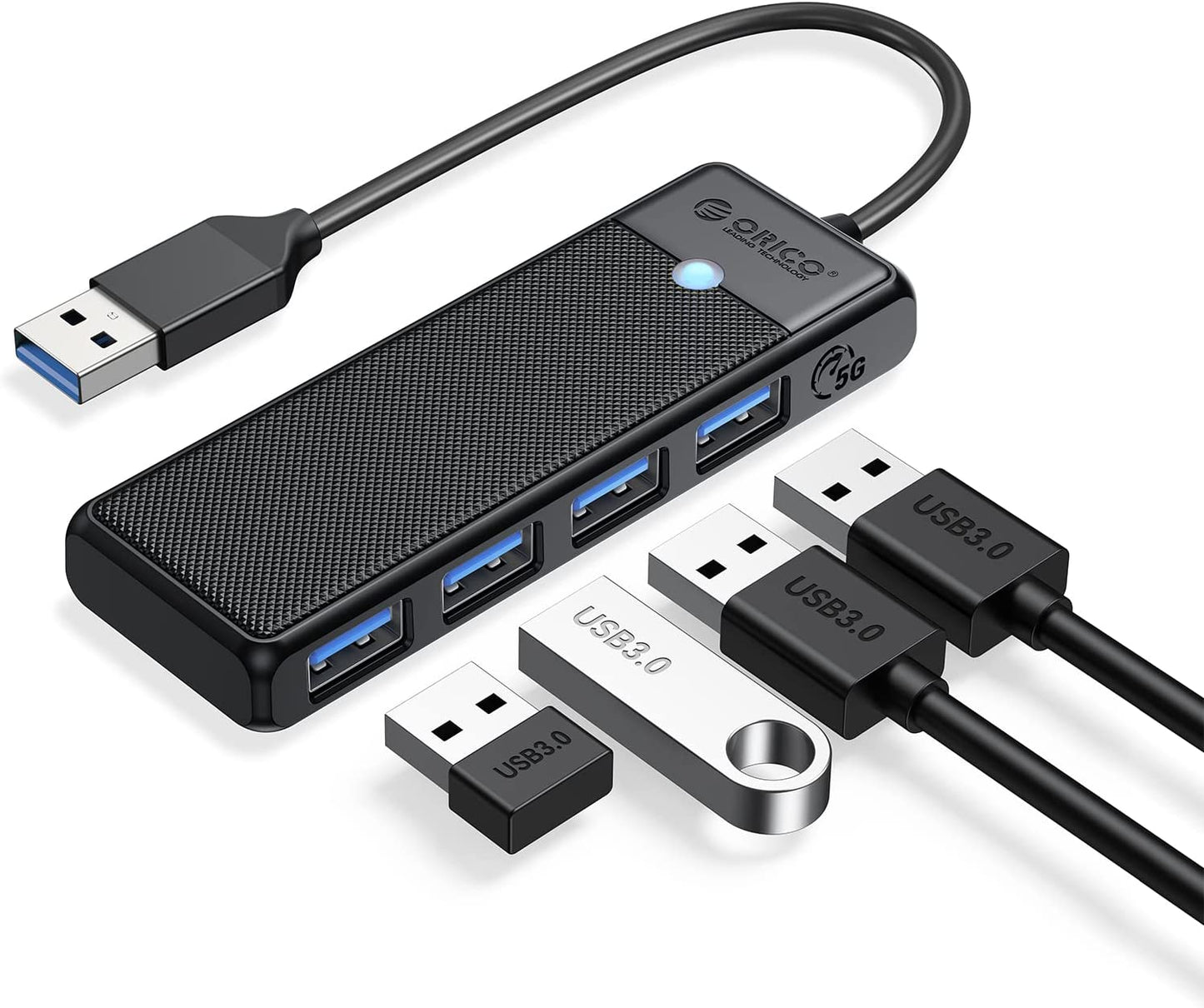USB 3.0 Ultra Slim 4-Port Hub for Laptops and Devices - , XPS, PS5, PC, Flash Drives, Mobile HDD (Black, 0.5 Ft)