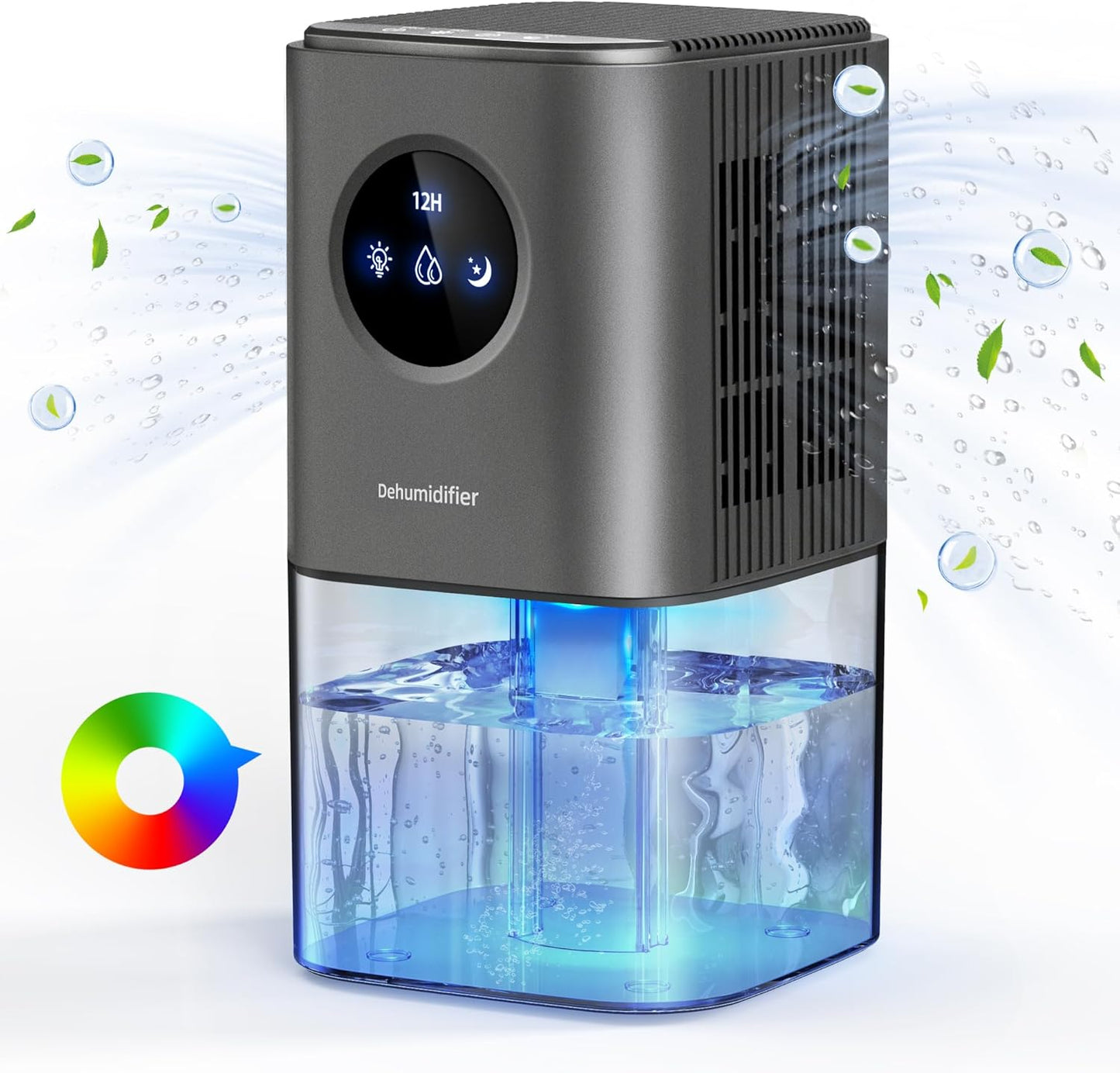 Compact 58 OZ Dehumidifier for Home, Suitable for 250 Sq.Ft, Portable Mini Unit with 7 Color LED Light, Auto Shut Off, Timer, Energy Efficient - White