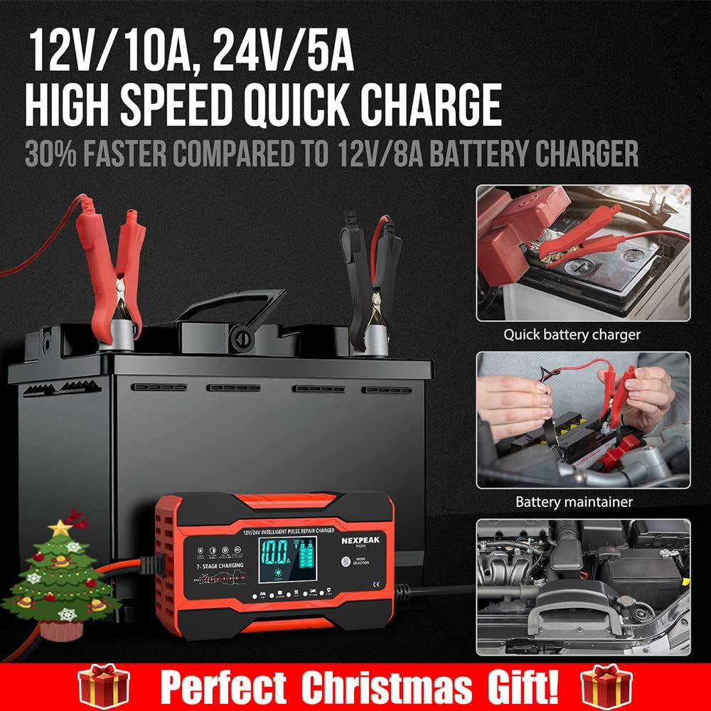 10-Amp Car Battery Charger, Smart Trickle Charger Fully Automatic 12V 24V Battery Charger Maintainer W/Temp Compensation