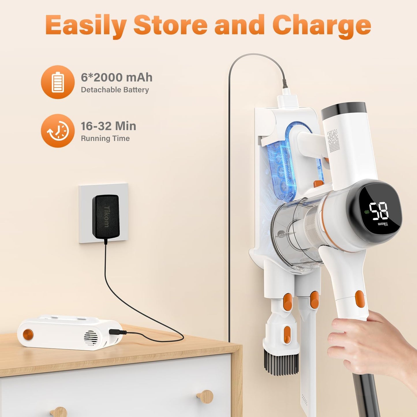 Cordless Stick Vacuum Cleaner V500 - 40000Pa/450W with LED Touch Screen, Wall-Mounted Charging Dock, Anti-Tangle Technology, Lightweight Handheld Design