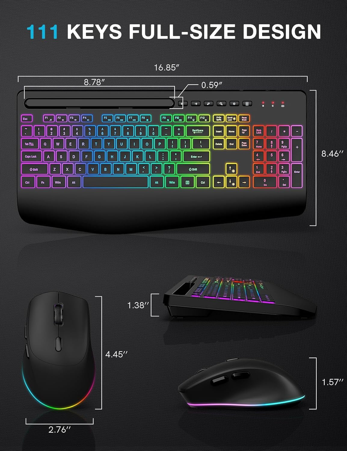 Wireless Ergonomic Keyboard and Mouse Combo with Backlit Effects, Wrist Rest, Phone Holder, and Rechargeable Silent Design