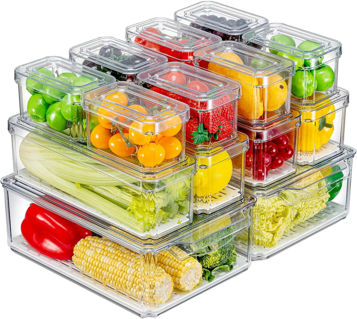 10-Pack Stackable BPA-Free Fridge Organizers with Lids, Clear Produce Storage Bins for Fruits, Vegetables, Snacks, and Eggs
