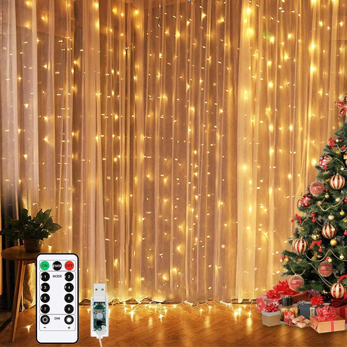 300 LED Warm White Curtain Fairy Lights with 8 Modes, USB Powered Icicle String Lights with Remote and Timer for Indoor and Outdoor Decoration (9.8 x 9.8 Ft)
