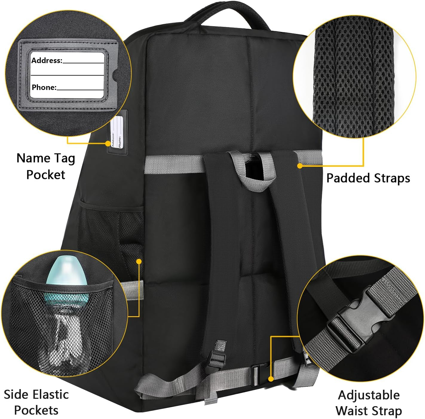 Padded Car Seat Travel Bag with Shoulder Strap - Large Carrier for Airport Gate Check and Infant Seats - Black
