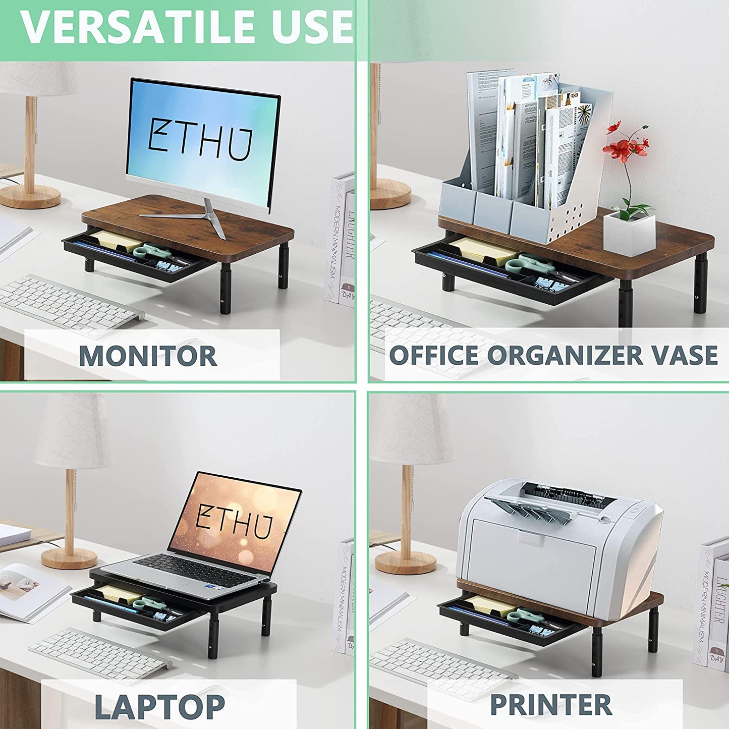 Height Adjustable Monitor Stand with Storage Drawer - Ergonomic Wood Desk Organizer for Office and Home