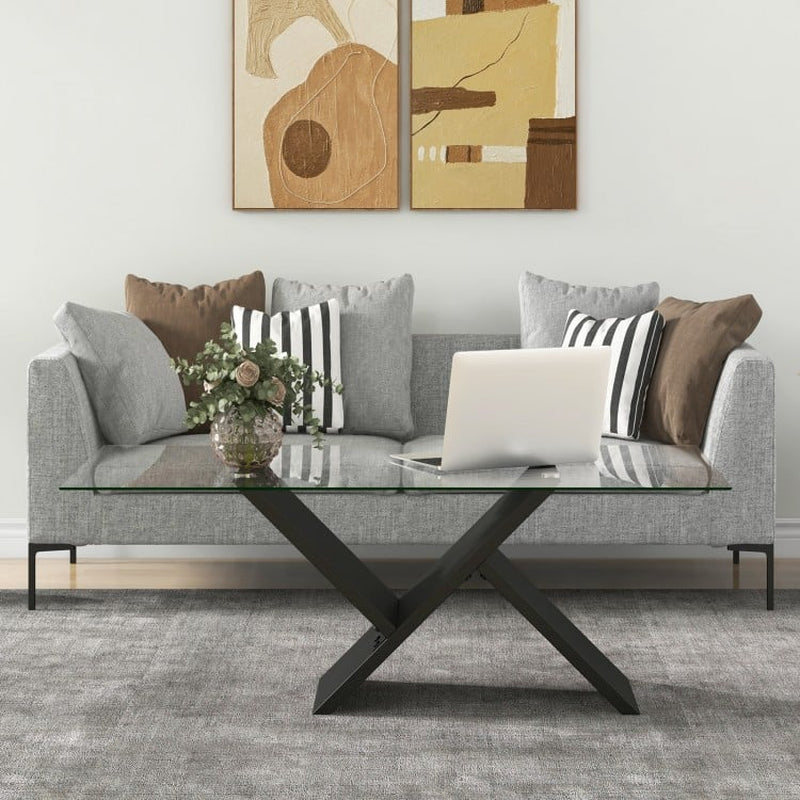47-Inch Modern Rectangle Glass Coffee Table with Tempered Glass Top