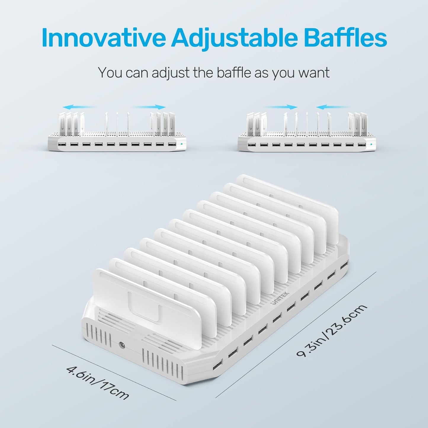 10-Port USB Charging Station with Smartic Technology and Adjustable Dividers for iPad, Tablet, Kindle, and iPhone