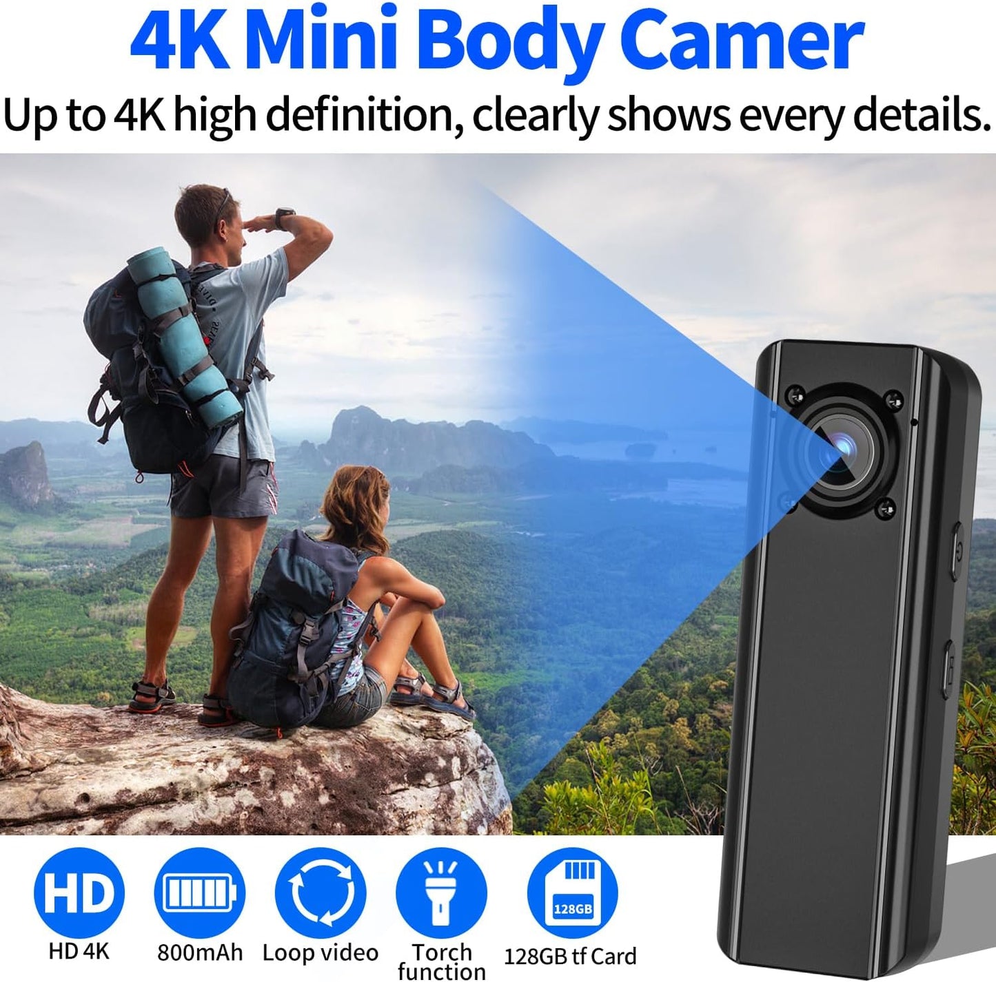 4K HD Mini Body Camera with 128GB Memory Card - Wearable Camcorder - Portable with Back Clip