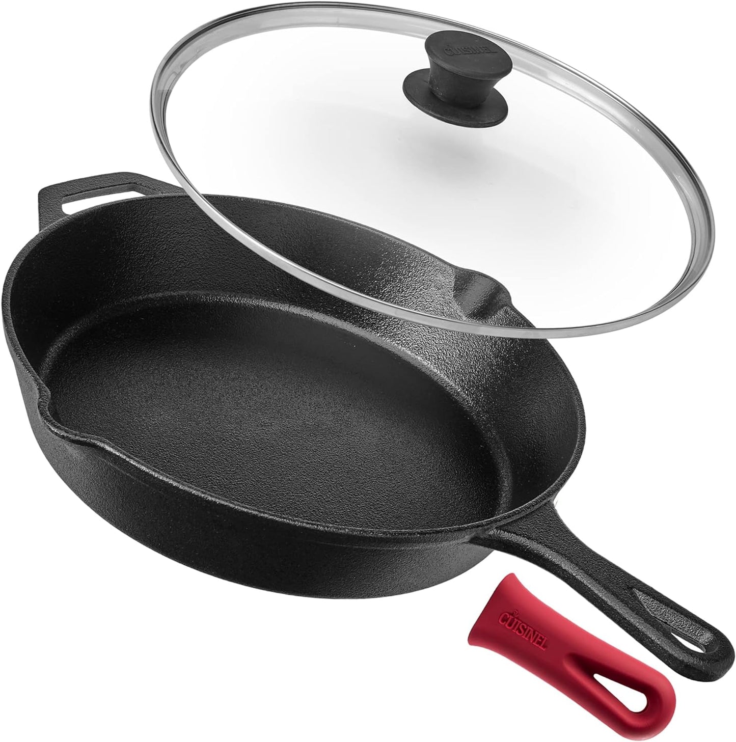 12-Inch Pre-Seasoned Cast Iron Skillet with Glass Lid and Heat-Resistant Handle Cover - Versatile Oven Safe Cookware for Indoor and Outdoor Use, Including Grill, BBQ, Camping, Stovetop, and Induction Cooking
