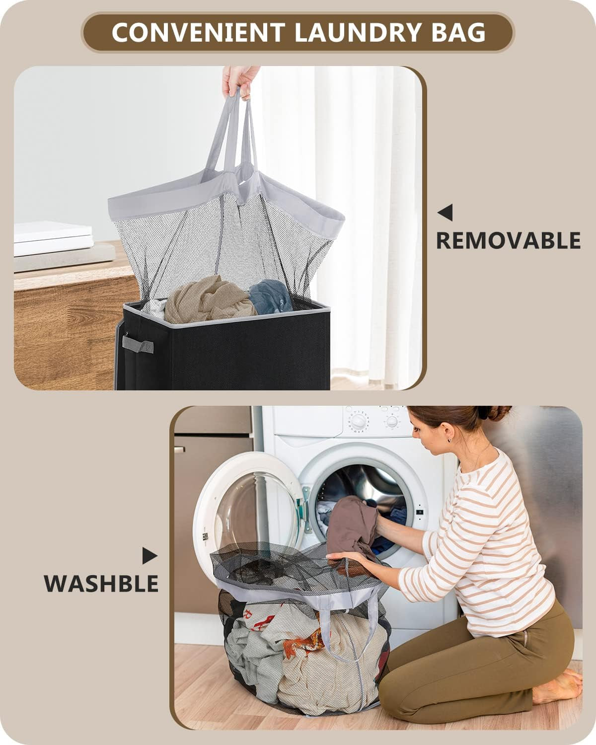 Laundry Basket with Lid 100L Large Laundry Basket Collapsible Laundry Hamper Tall Clothes Baskets Folding Washing Bin Foldable Hamper Bags for Bedroom, Closet, Bathroom, College - Black