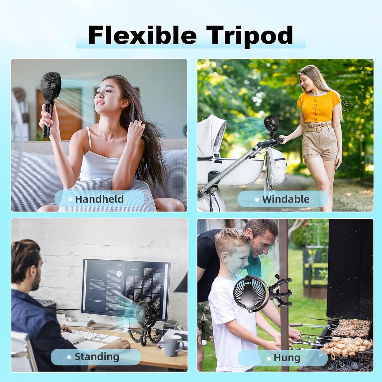 Portable Baby Stroller Fan with 20-Hour Runtime, 4000mAh Battery, Flexible Tripod Design - Ideal for Travel,