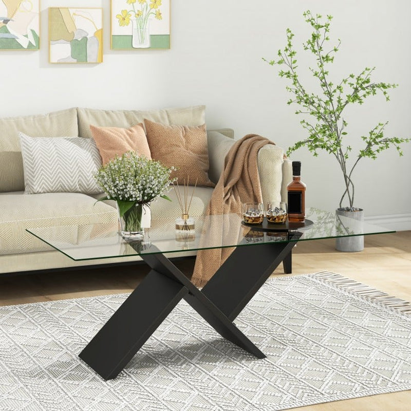 47-Inch Modern Rectangle Glass Coffee Table with Tempered Glass Top
