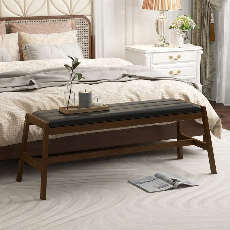 50-Inch Solid Wood Dining Bench with Upholstered Faux Leather Padded Seat