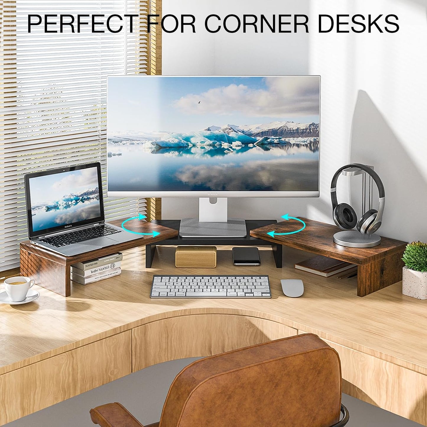 Dual Monitor Stand with Adjustable Length and Angle, 48.2" Desk Riser for Computer Monitors, Brown Office Accessory