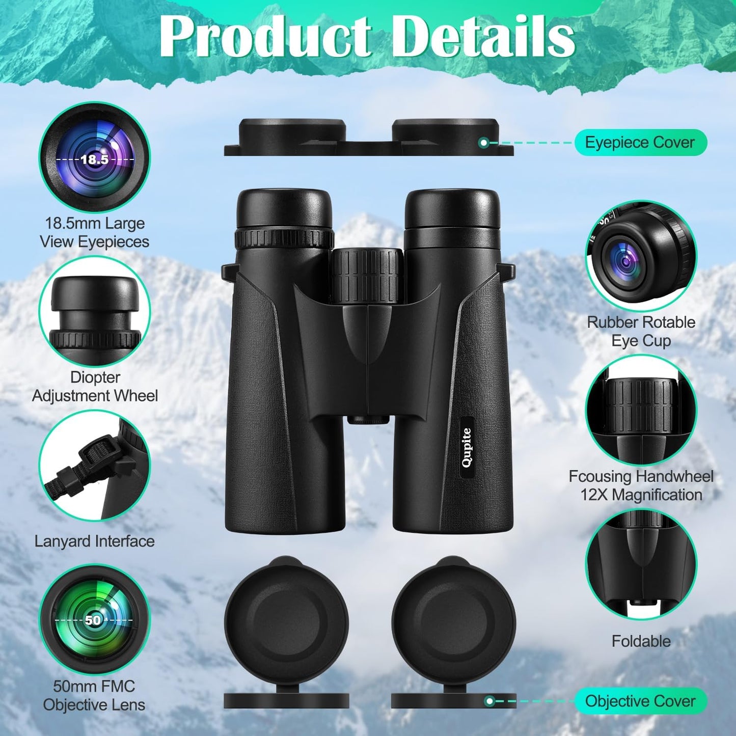 12X50 High-Power Compact Binoculars for Adults with Clear Vision and Easy Focus, Includes Carrying Case and Strap