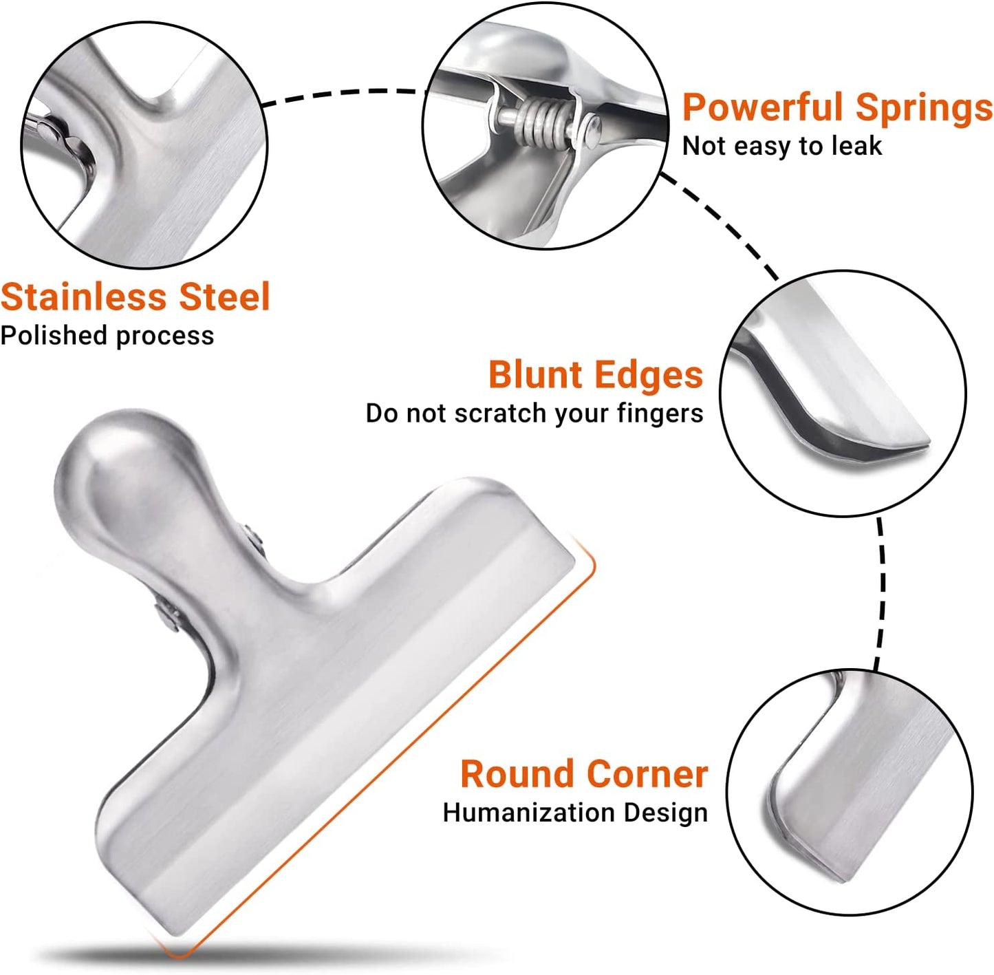 Stainless Steel Heavy-Duty Bag Clips - 6 Pack Food Storage Clips with Air-Tight Seal for Snacks and Chips
