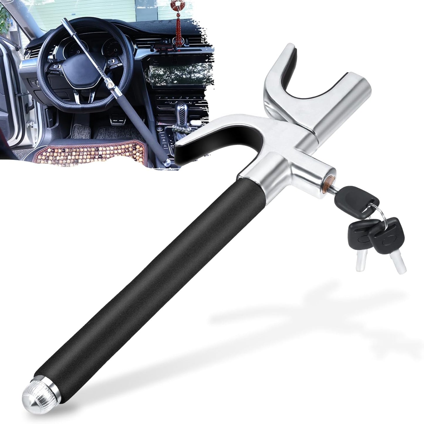Adjustable Steering Wheel Lock with Anti-Theft Features and 3 Keys - Cars, Vans, and SUVs (Black)