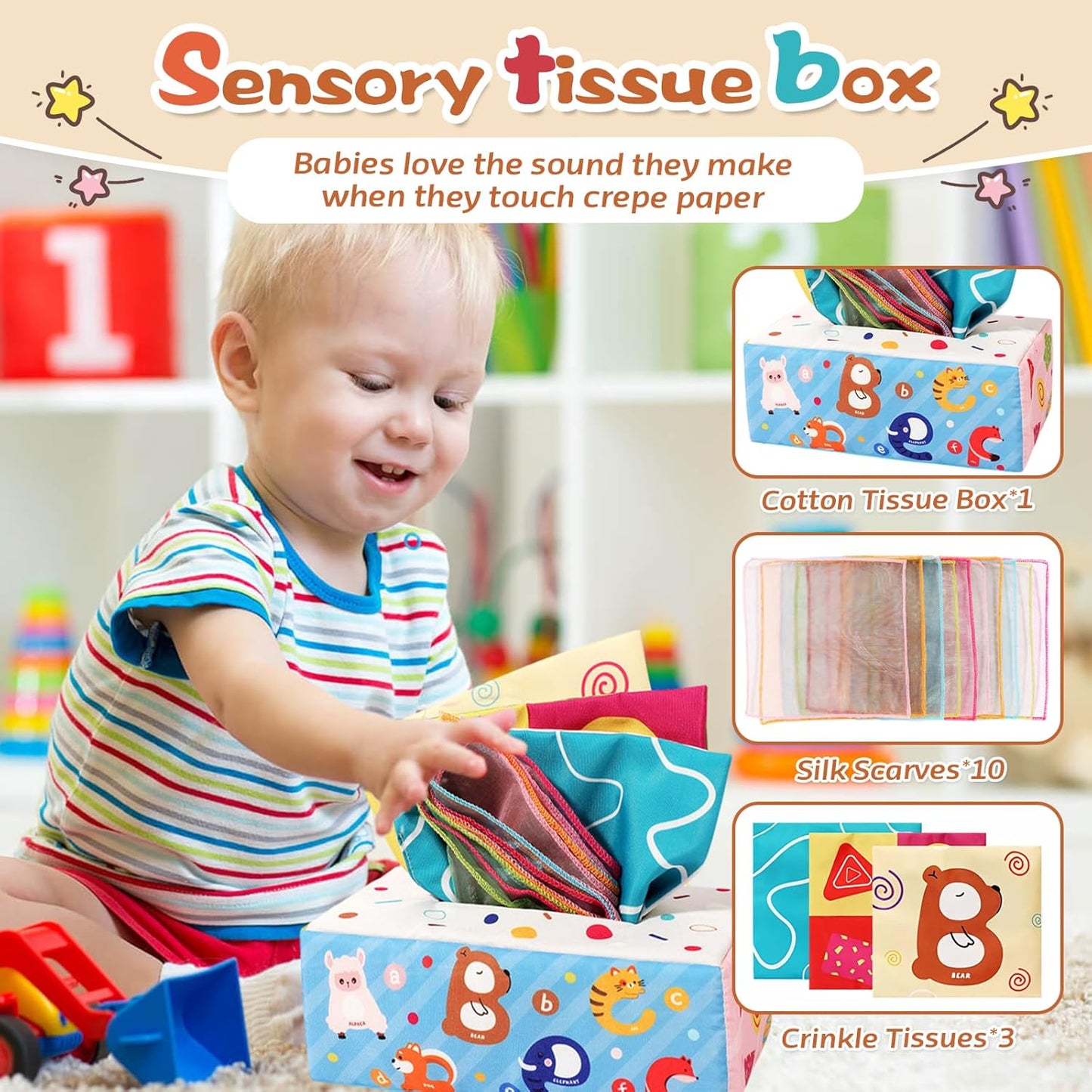 Montessori-Inspired Baby Toy Set - 6-12 Months - 4-in-1 Stacking Blocks, Tissue Box Toy, Sensory Play (1-3 Years)