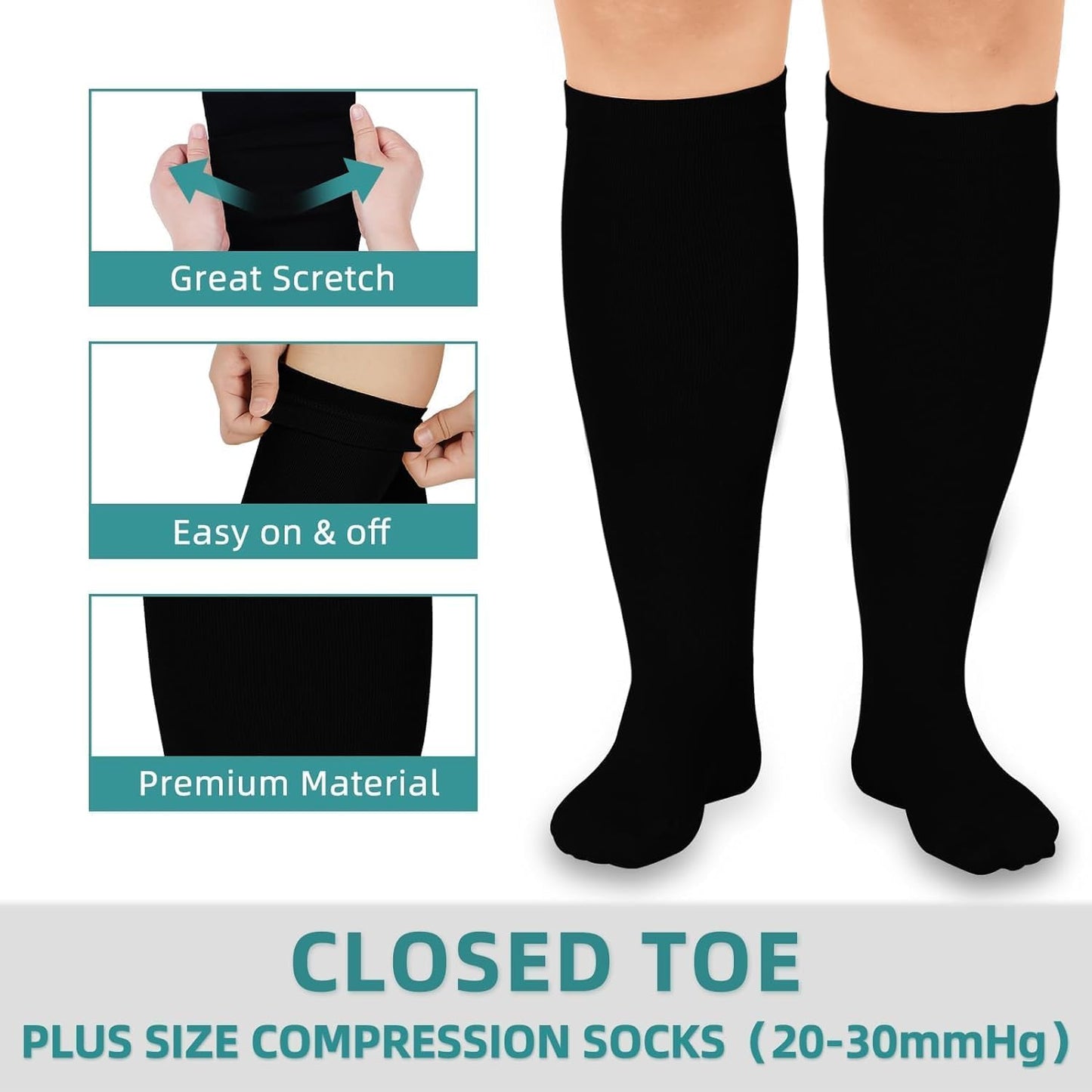Plus Size Compression Socks (20-30 mmHg) for Men and Women, Extra Large Knee High Stockings for Wide Calves - 3 Pairs