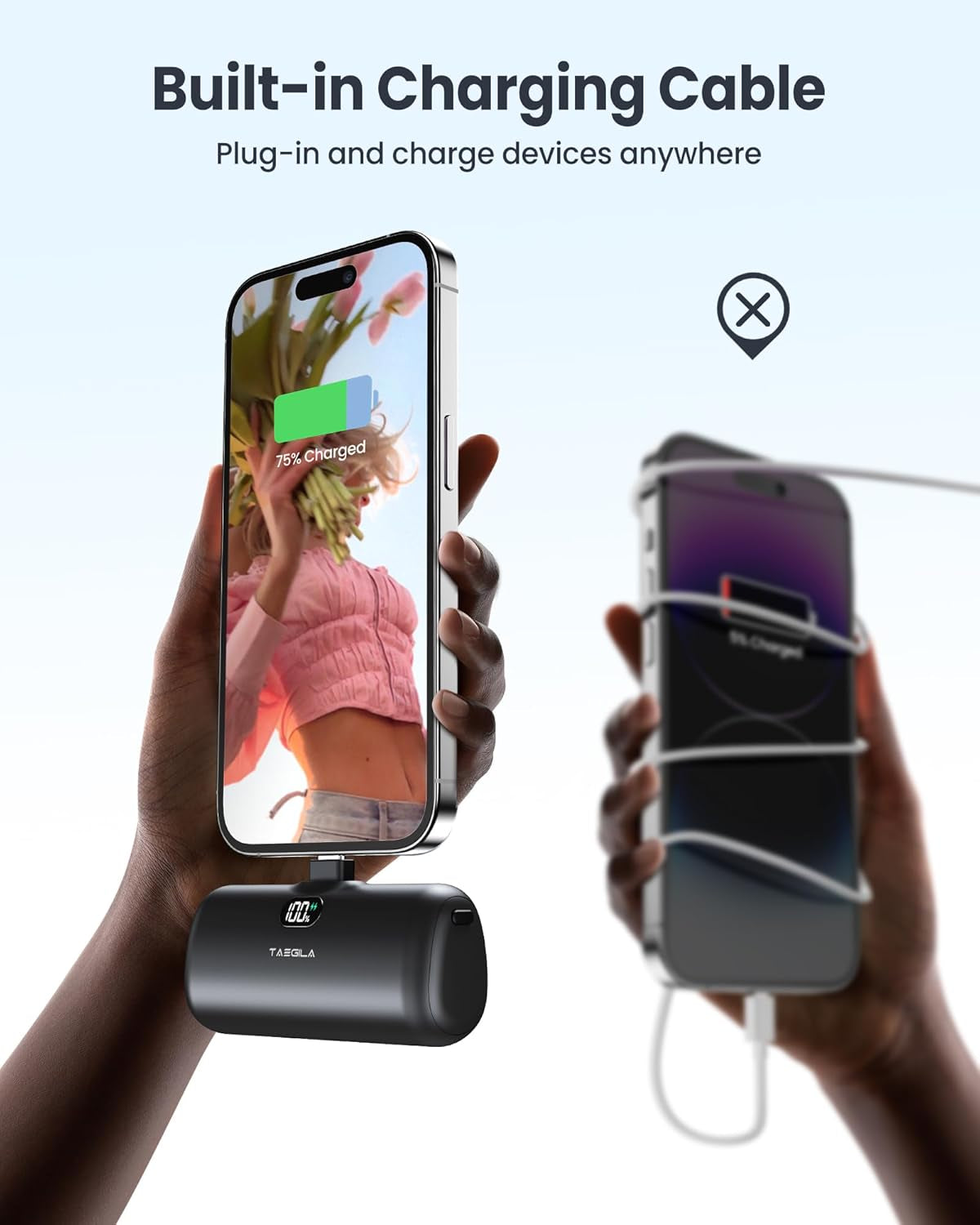 5000mAh Portable Power Bank for iPhone with Built-In Cable, MFi Certified Compact Charger featuring LCD Display & LED Light (Black)