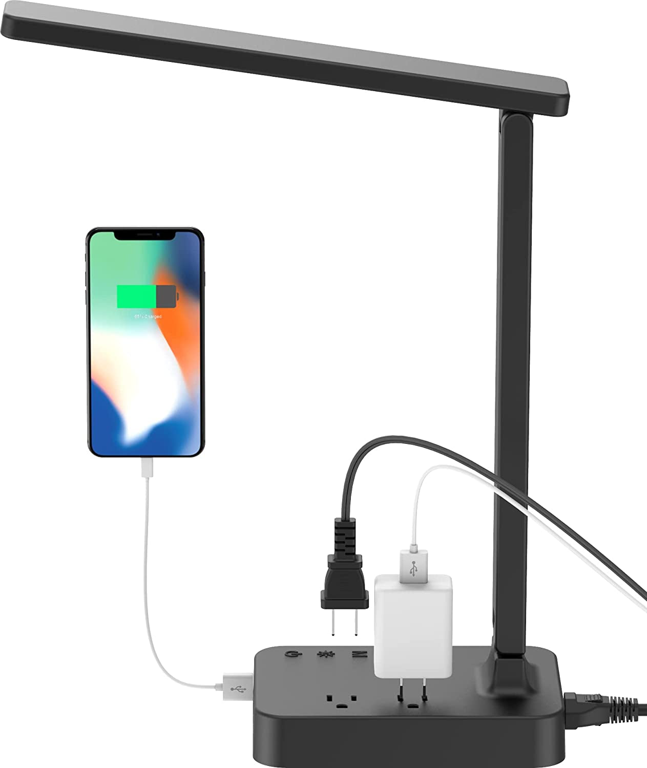 LED Desk Lamp, Desk Light with 1 USB Charging Port and 2 AC Power Outlet, 3 Lighting Modes, 3 Level Brightness,1H Timer, Touch Control (Black)