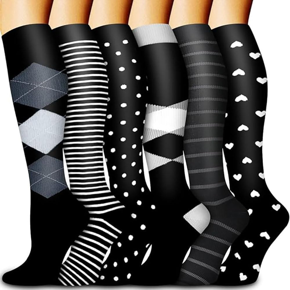 6 Pairs of Compression Socks for Men and Women - Optimal Support for Athletes and Travel Nurses (20-30 mmHg)