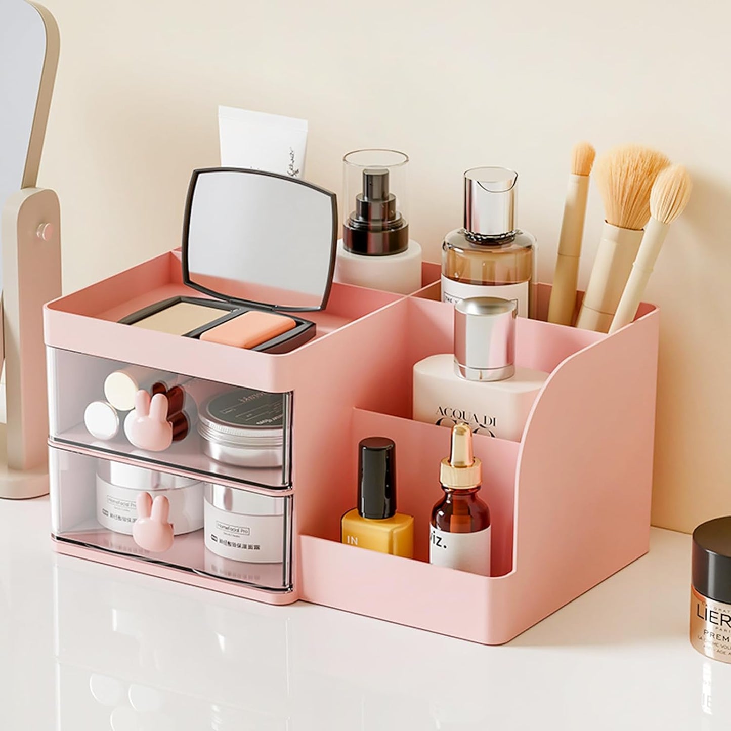 4-Section Drawer Organizer with Dual Pen Holders for Desktop Storage - Versatile Plastic Makeup and Desk Organizer for Home, School, and Office Supplies (White)