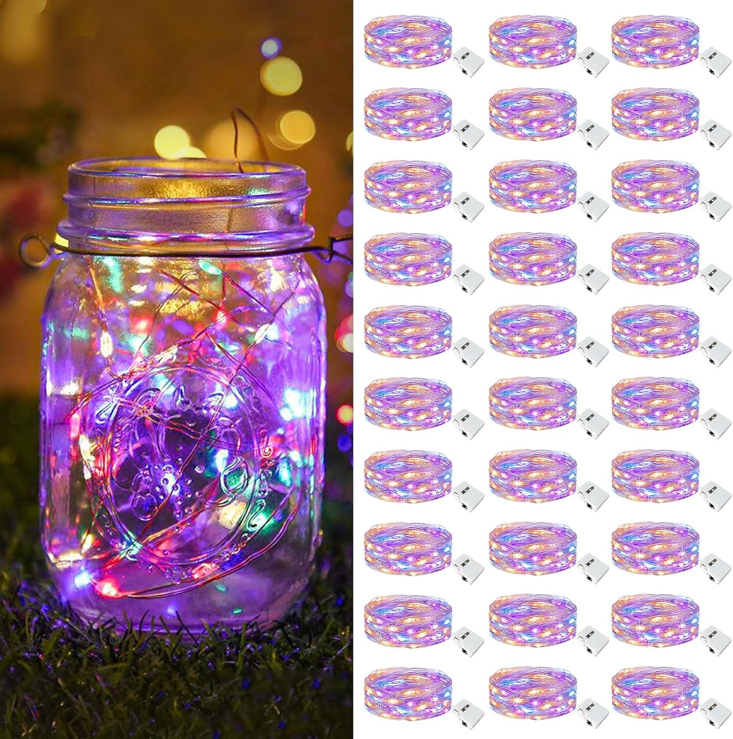 12-Pack 7FT 20LED Battery-Powered Fairy Lights with 3 Modes - Waterproof Silver Wire Mini String Lights for Indoor Mason Jar DIY, Wedding, and Christmas Decor in Warm White