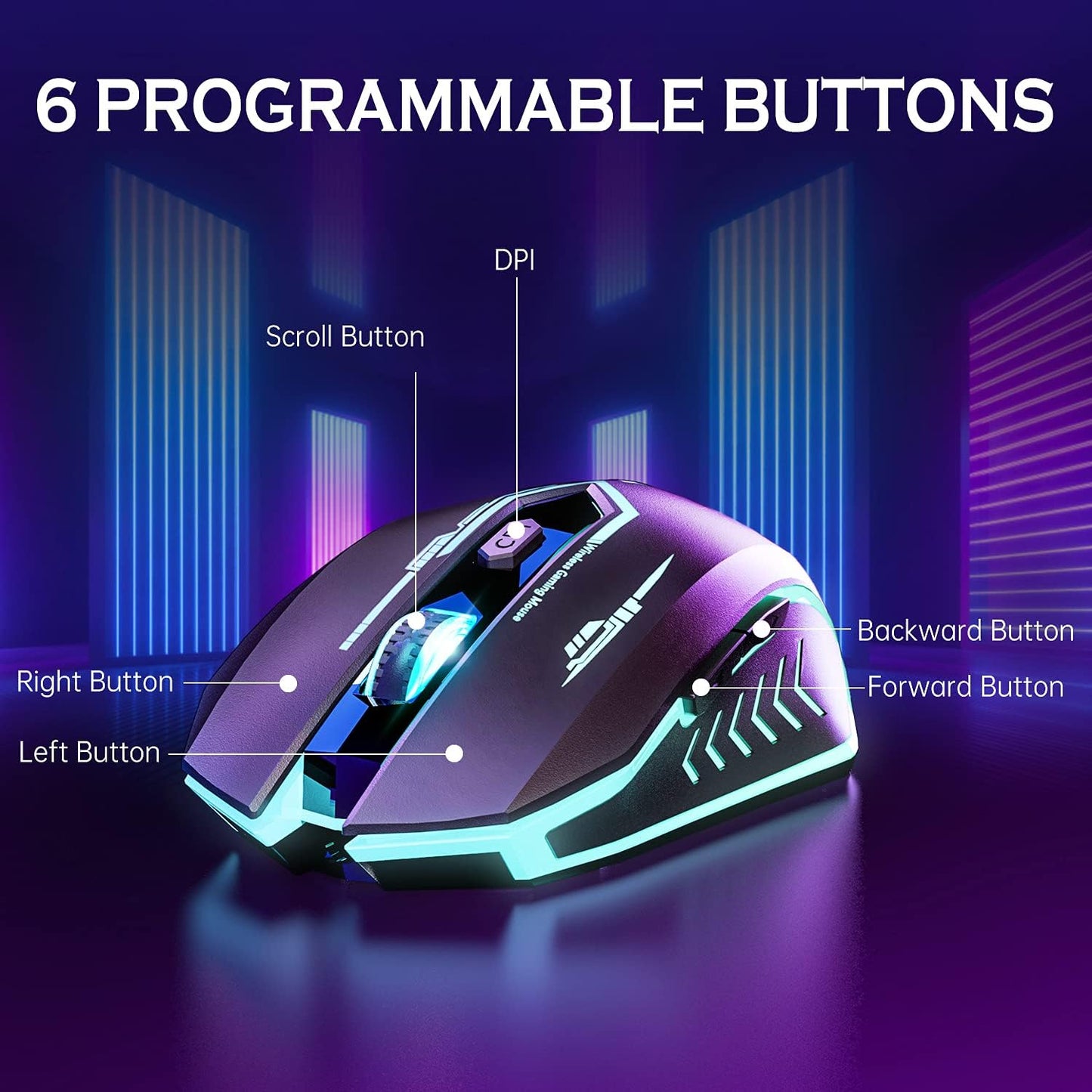 Wireless Gaming Mouse - 10000 DPI, Rechargeable USB Wireless Mouse - 6 Buttons 7 Changeable LED Color Programmable