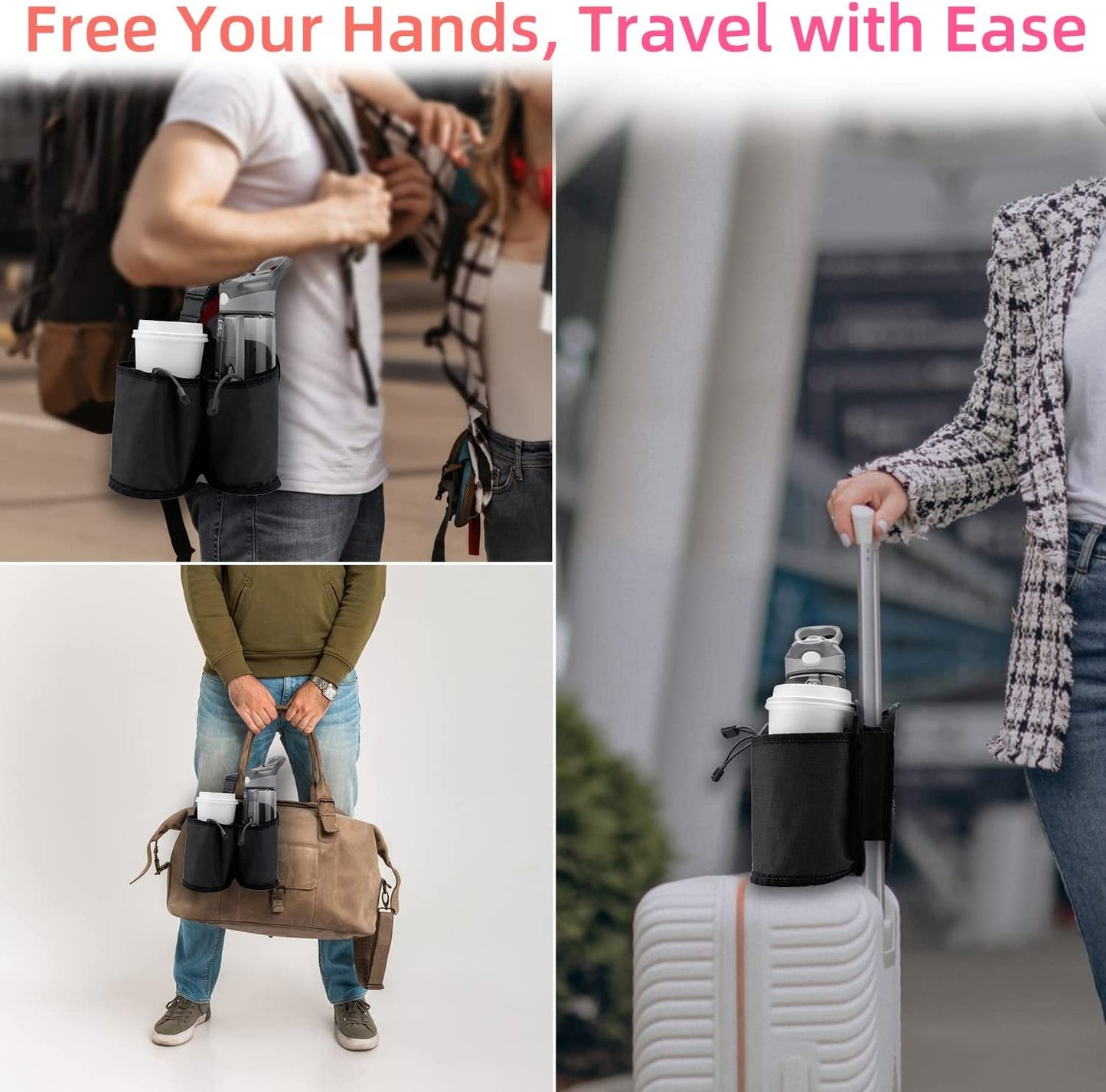 Luggage Travel Cup Holders for Roll-On Suitcase Handles - Beverage Carrier for Coffee Mugs and Drinks
