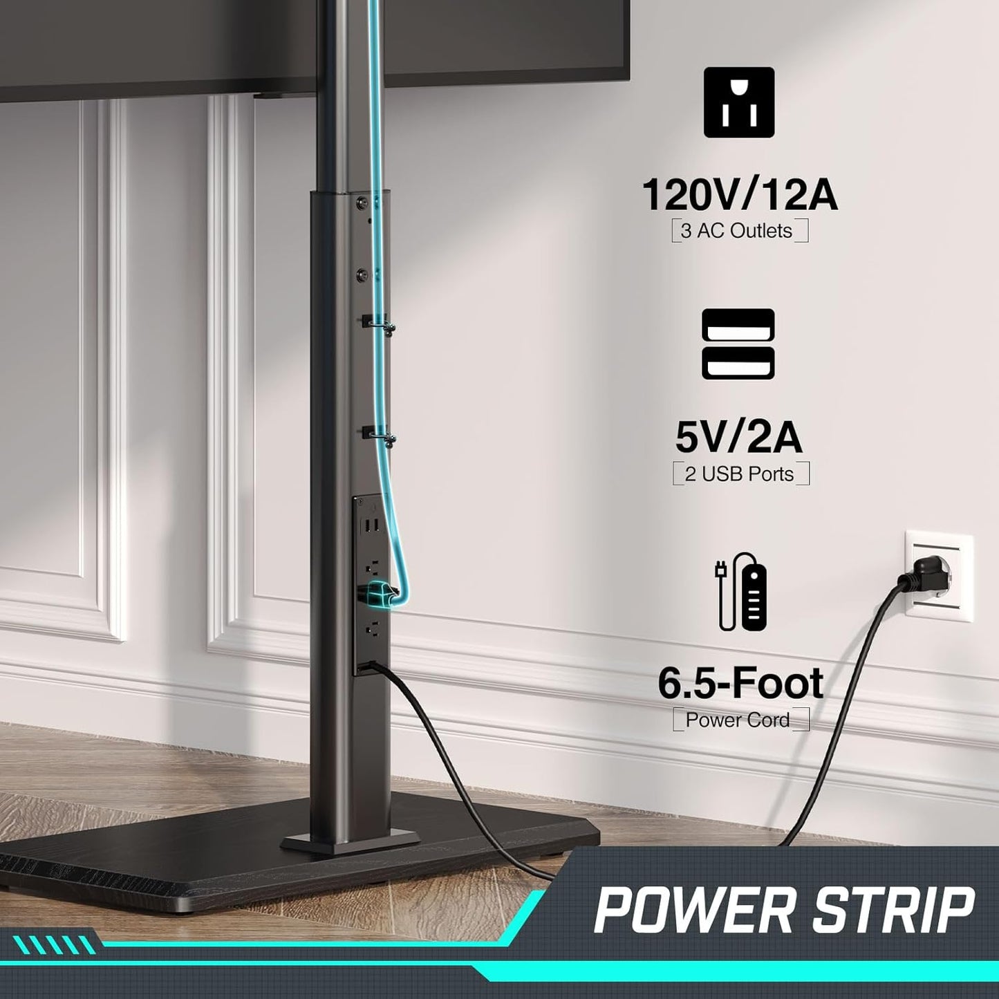 Height Adjustable Swivel TV Stand - Power Outlet for 32-70 Inch TVs, Wood Base, Supports up to 110 lbs, VESA 600x400mm, Black
