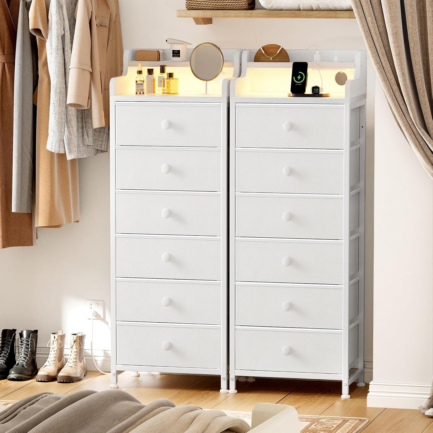 Elegant White Bedroom Dresser - Integrated Charging Station, LED Lighting, Durable Steel Frame, Wood Top - Leather White Finish