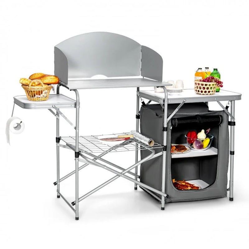 Portable Outdoor BBQ Grilling Table with Protective Windscreen Bag