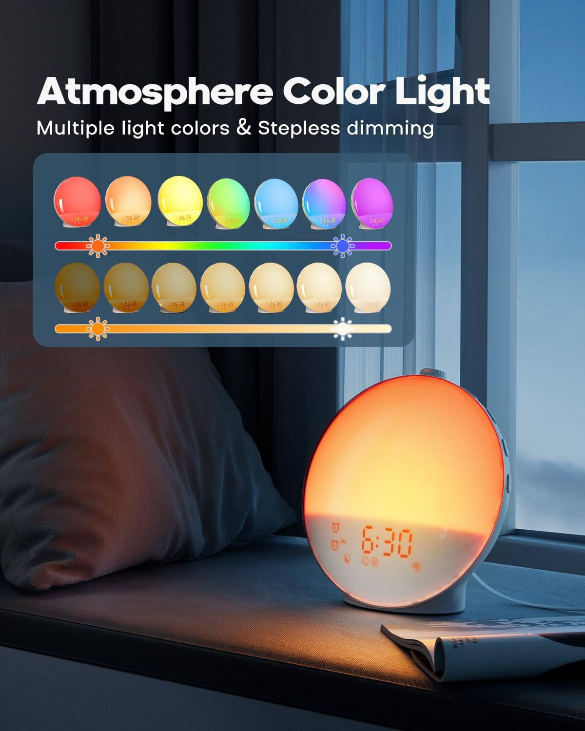 Sunrise Alarm Clock for Deep Sleepers - Sunrise/Sunset Simulation, Dual Alarms, Natural Sounds, Snooze Function, FM Radio, 7-Color Night Light