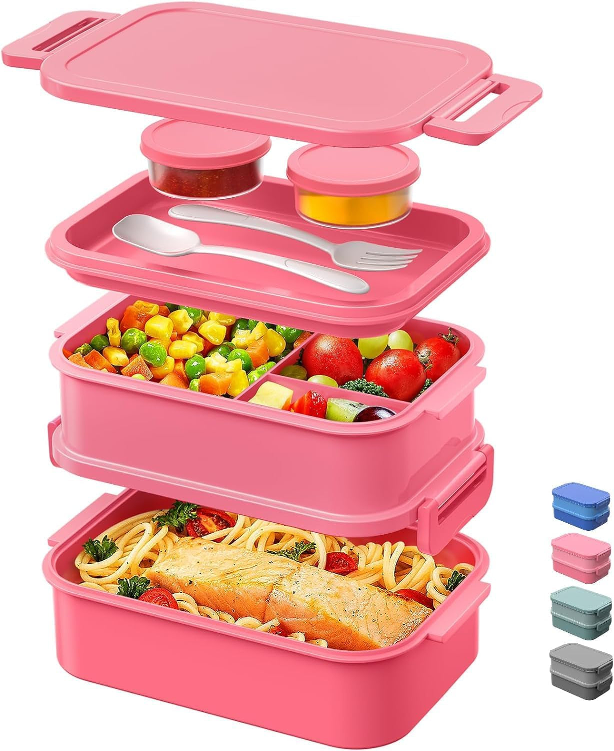 Box Lunch Container - 74 OZ Stackable Leakproof Lunch Box - Utensils and Sauce Containers for Work, School, and Dining Out (Green)