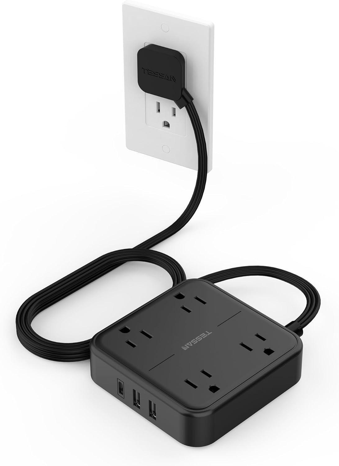 Flat Plug Power Strip with Surge Protection, 5-Foot Extension Cord, 4 Outlets and 3 USB Ports (1 USB-C), Gray