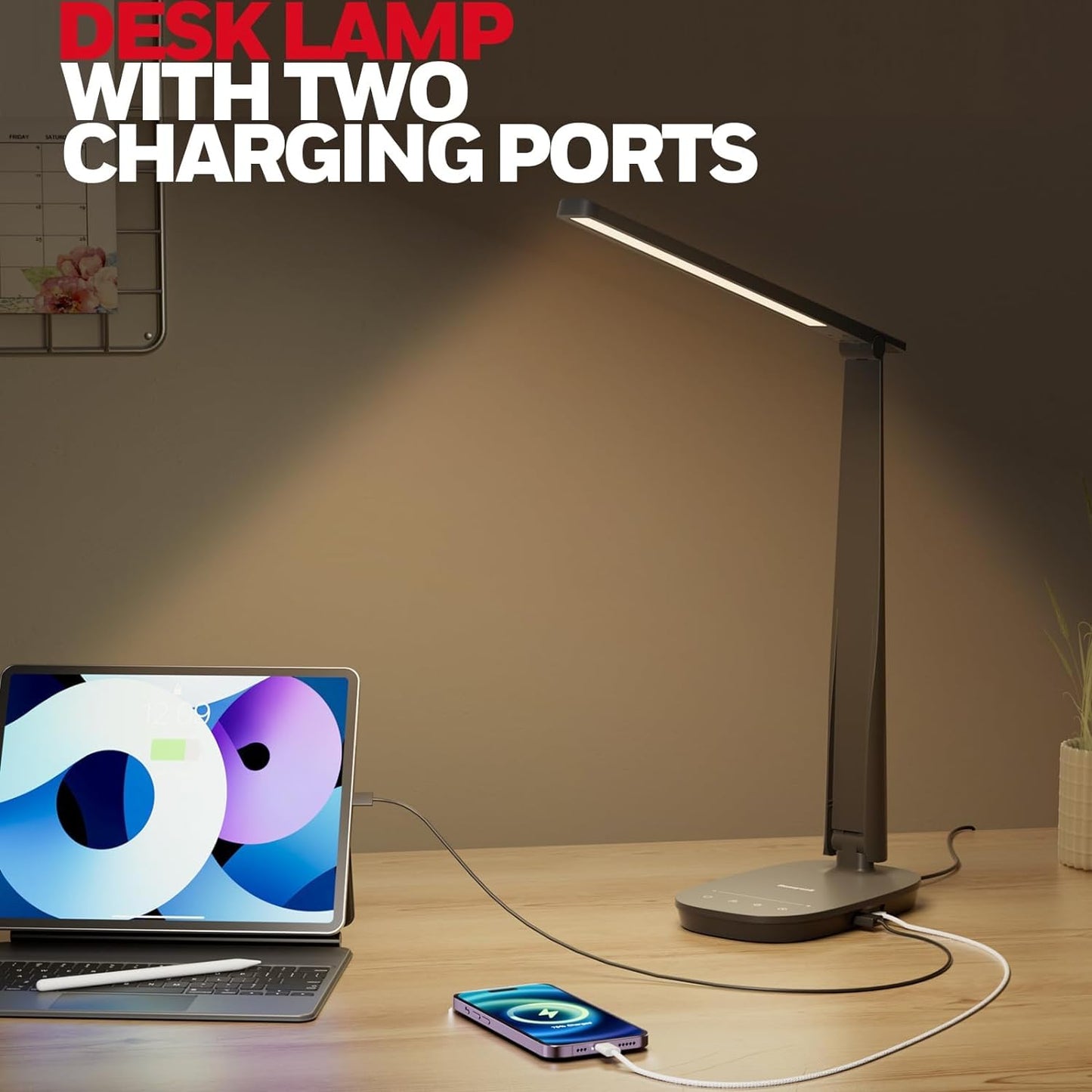 LED Desk Lamp - Eye-Caring, Foldable Design with USB Charging, 4 Color Modes, Stepless Dimming, Auto Timer, Touch Control