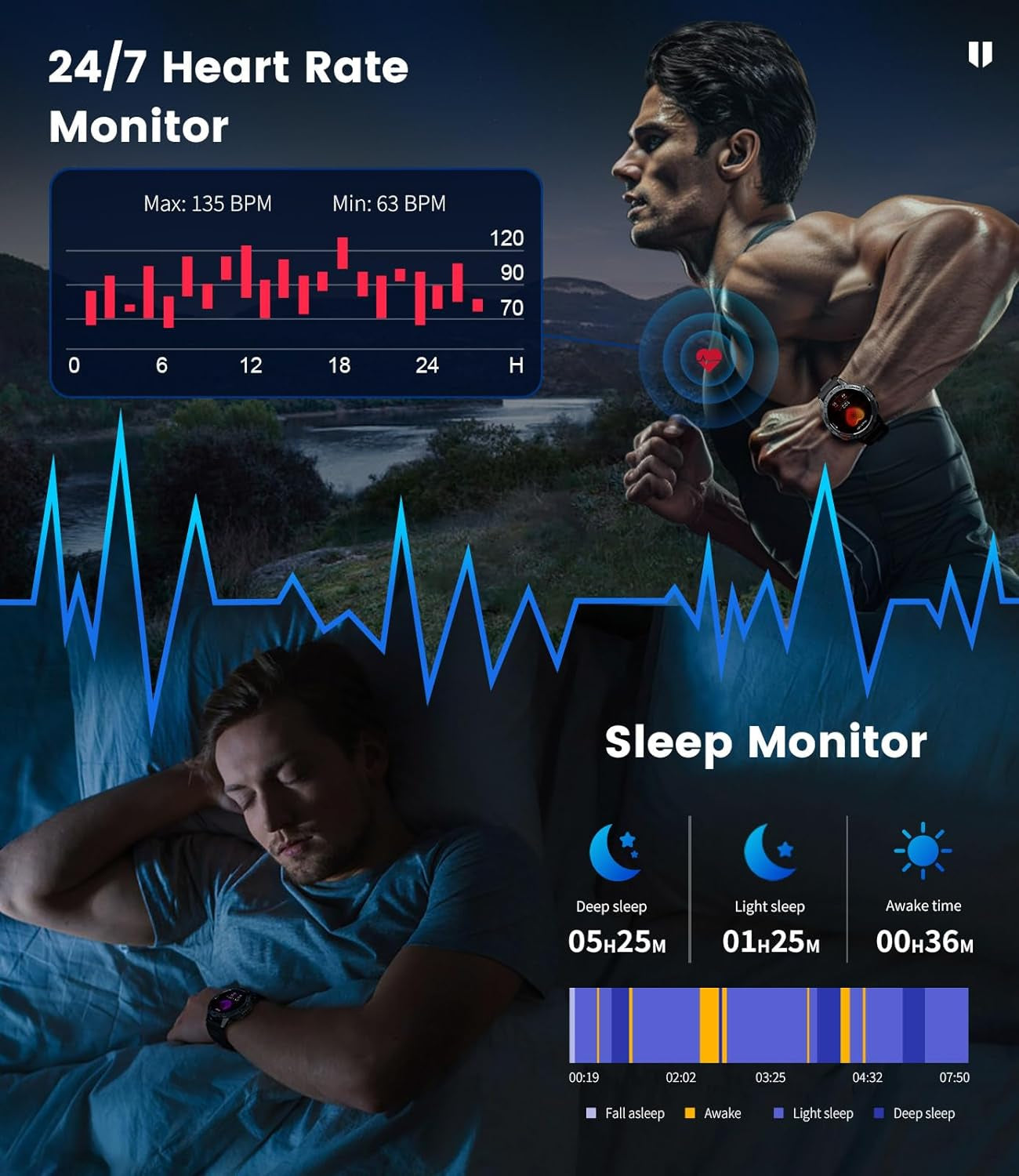 Smart Watch - Bluetooth Calling, 1.43" HD AMOLED Fitness Tracker, IP68 Waterproof, 100+ Sports Modes, 530mAh Battery, Heart Rate and Sleep Monitoring