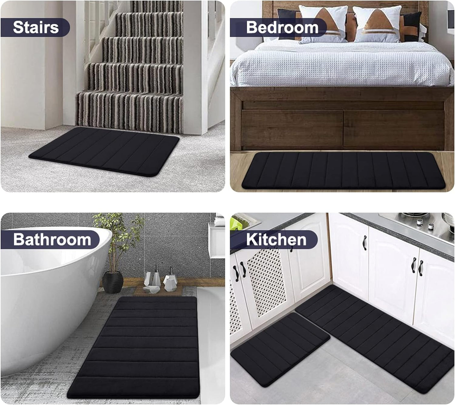 Memory Foam Non-Slip Bath Mat with Absorbent Rubber Backing for Kitchen and Bathroom Floors, 16" x 24", Black