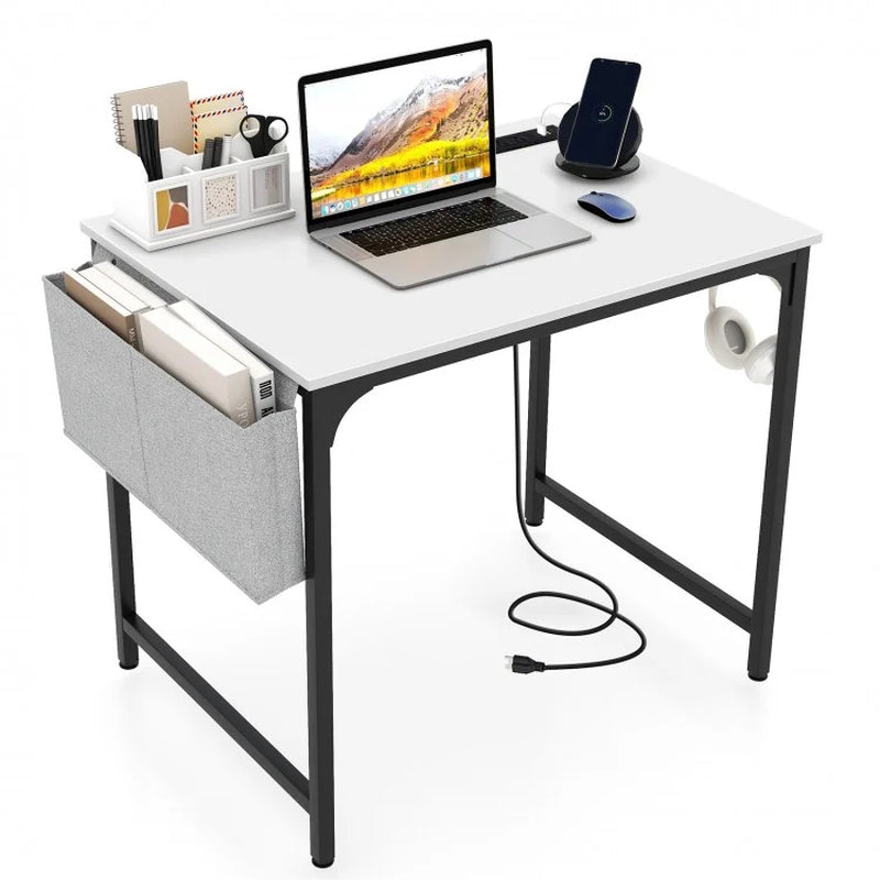 32-Inch Home Office Desk with Integrated Charging Station, Storage Bag, and Headphone Hook