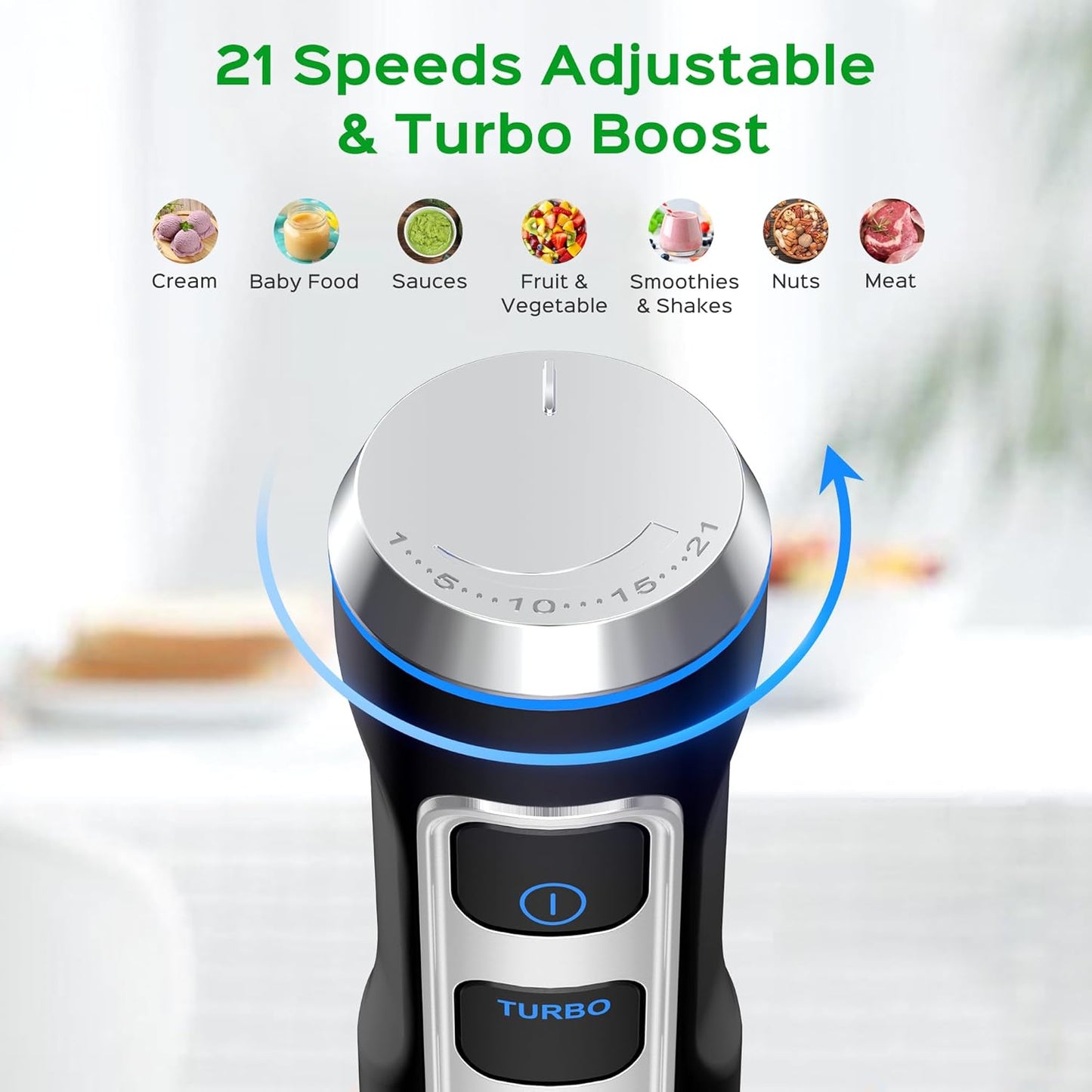 High-Performance 1000W Electric Immersion Blender with 21 Speed Settings and Turbo Mode, 5-in-1 Handheld Blender Set