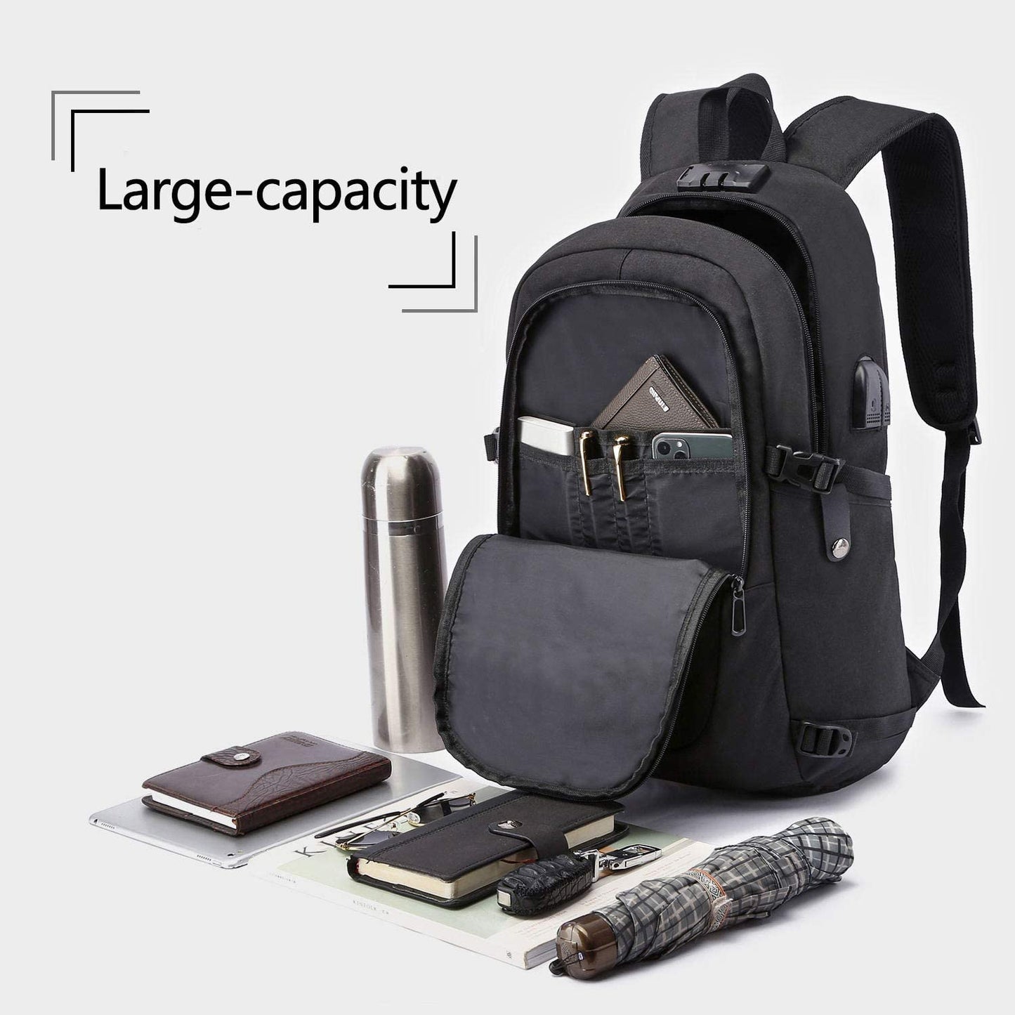 Anti-Theft Laptop Backpack for Business Travel, Slim Design - USB Charging Port, Durable Water-Resistant Bag for 15.6 Inch Laptops, Black