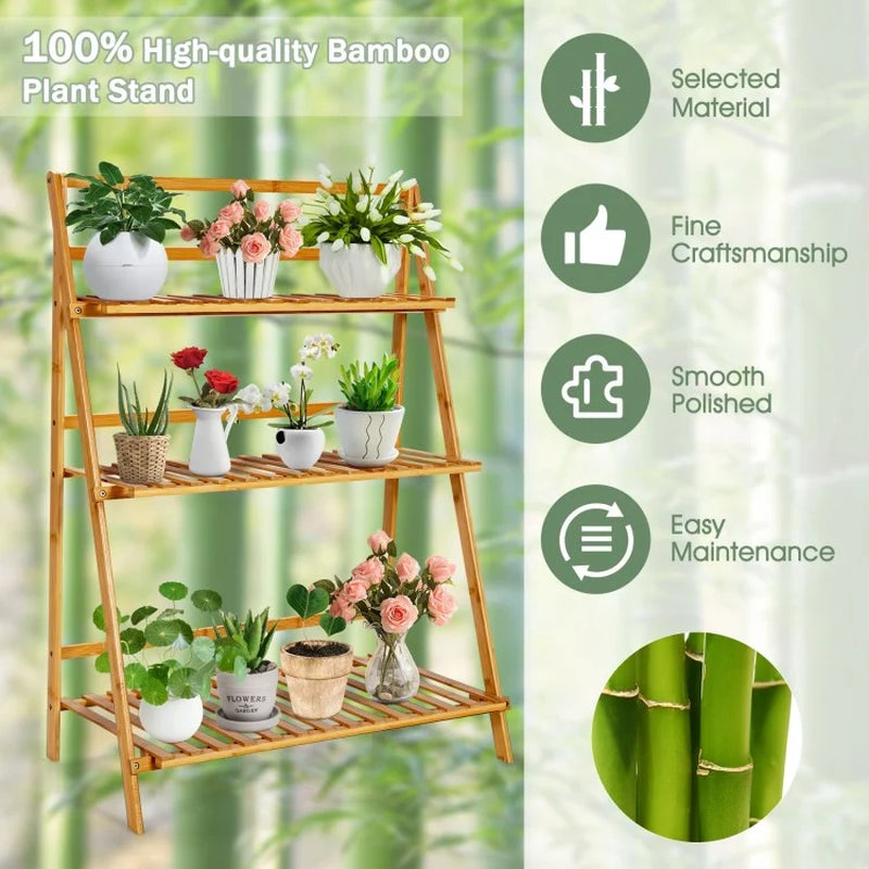 Foldable 3-Tier Bamboo Plant Stand Display Shelf for Balconies